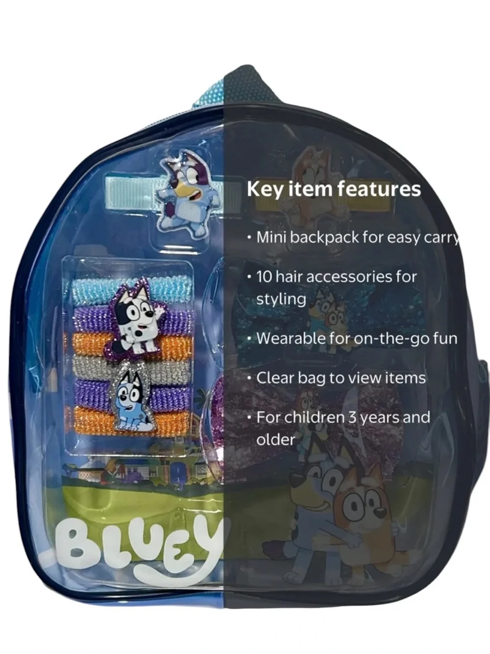 NWT Bluey Officially Licensed Girls Hair Accessory Clear Mini Backpack Set